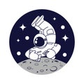 shoe wash logo. astronaut carrying shoes and soap with moon and stars background.