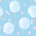 Blue cotton candy and marshmallows seamless pattern. Background with sweets.