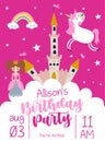 Happy Birthday Party - funny vector invitation card with castle drawing. Lettering poster or t-shirt textile graphic design.