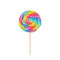 Colorful rainbow lollipop on wooden stick. Vector cartoon flat illustration