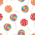 Colorful lollipop seamless pattern. Vector cartoon flat illustration of swirl round candy. Royalty Free Stock Photo