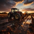 Agricultural workers with tractors. Ploughing a field with tractor at sunset Royalty Free Stock Photo