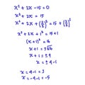 Solve quadratic equations by completing perfect squares. Mathematical formulas. Vector illustration.