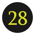 yellow number 28 with black round frame