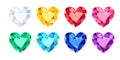 Set of colorful gems in shape of heart. Vector cartoon flat illustratio