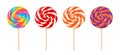 Set of colorful lollipops on wooden stick. Vector cartoon flat illustration of swirl round candy. Royalty Free Stock Photo