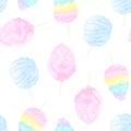 Multicolored cotton candy seamless pattern. Vector cartoon illustration of pink, blue and rainbow cotton candy Royalty Free Stock Photo