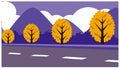 Autumn landscape with trees and mountains. Vector illustration in flat style. Landscape of mountains and clouds in purple tones Royalty Free Stock Photo