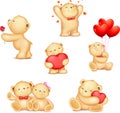 Set of cute cartoon teddy bear holding the shape of red heart. Baby illustration, greeting card Royalty Free Stock Photo