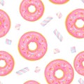 Pink donuts and marshmallows seamless pattern. Sweets background.