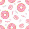 Pink sweets seamless pattern. Vector cartoon illustration of donut, candy, macaroon and marshmallow.
