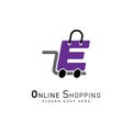 Shopping Cart Letter E Logo. Modern icon symbol template vector design. Alphabet E online store logo Royalty Free Stock Photo