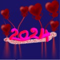 Happy new year 2024 hand drawing vector lettering. The letters silhouettes are drawn in the form of the mini heart. Vector illustr