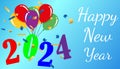 Happy New Year 2024. Festive background with beautiful multi-colored balloons and confetti Royalty Free Stock Photo