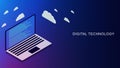 Laptop with cloud computing isometric. Computer service technology, data server. Royalty Free Stock Photo