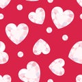 Heart shaped gems on red seamless pattern. Love background. Royalty Free Stock Photo