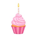 Pink birthday cupcake with candle isolated on white background. Royalty Free Stock Photo
