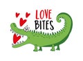Love bites - funny alligator or crocodile with hearts. Happy Valentine\'s day