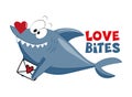Love bites - funny shark with heart and with envelope. Happy Valentie\'s Day