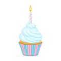 Blue birthday cupcake with candle isolated on white. Vector cartoon illustration Royalty Free Stock Photo