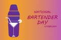 National Bartender Day. Shaker and cocktail illustration.