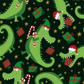 Chritmas alligator, crocodile seamless pattern. Cartoon funny alligator in Santa hat and with gift box and cany cane.