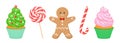 Set of Christmas sweets. Festive cupcakes, gingerbread man, lollipop and candy cane.