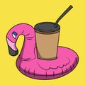 Adult Inflatable Flamingo Costume Inflatable Baby Boat with coffee cup on top Royalty Free Stock Photo