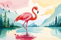 Watercolor Pink Flamingo Portrait, Side View. Tropical Exotic Bird Background, Tropical Summer Concept, AI Design