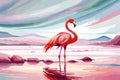 Watercolor Pink Flamingo Portrait, Side View. Tropical Exotic Bird Background, Tropical Summer Concept, AI Design