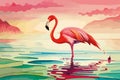 Watercolor Pink Flamingo Portrait, Side View. Tropical Exotic Bird Background, Tropical Summer Concept, AI Design