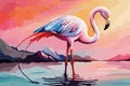 Watercolor Pink Flamingo Portrait, Side View. Tropical Exotic Bird Background, Tropical Summer Concept, AI Design