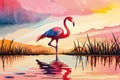 Watercolor Pink Flamingo Portrait, Side View. Tropical Exotic Bird Background, Tropical Summer Concept, AI Design