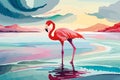 Watercolor Pink Flamingo Portrait, Side View. Tropical Exotic Bird Background, Tropical Summer Concept, AI Design