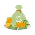 A money bag and pile of gold coins, money with a dollar sign. Royalty Free Stock Photo