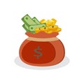 A money bag and pile of gold coins, money with a dollar sign. Royalty Free Stock Photo