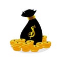 A money bag and pile of gold coins, money with a dollar sign. Royalty Free Stock Photo