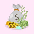 A money bag and pile of gold coins, money with a dollar sign. Royalty Free Stock Photo