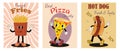 Set of retro cartoon posters with cute and funny fast food characters. Street mascot, hot dog, pizza and funny fries. Royalty Free Stock Photo