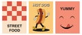 Set of retro cartoon funny posters with cute hot dog character. Fast food concept. Royalty Free Stock Photo