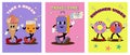 Set summer cartoon posters with funny groovy characters.