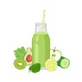 Green detox smoothie in bottle with straw. Healthy juice and fresh kale leaf, lime, apple, kiwi, avocado, spinach and cucumber. Royalty Free Stock Photo