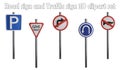 Road sign and traffic sign clipart element ,3D render road sign concept isolated on white background icon set Royalty Free Stock Photo