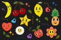 Set of fruits, retro cartoon character in trendy groovy style on black background. Royalty Free Stock Photo