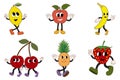 Set of fruits, retro cartoon character in groovy style. Royalty Free Stock Photo