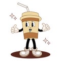 Funny Cartoon coffee character in retro groovy style. Vintage coffee vector illustration.