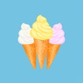 Ice cream in waffle cone. Strawberry, lemon and vanilla ice cream. Royalty Free Stock Photo