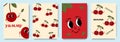 Set of hippie summer posters with cheerful cherry blossom characters. Cute cartoon cherry in a groovy style. Royalty Free Stock Photo