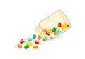 Multi-colored pills and capsules spilling out of transparent pill bottle. Royalty Free Stock Photo