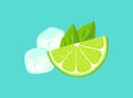 Lime, mint and ice cubes isolated on blue background. Royalty Free Stock Photo